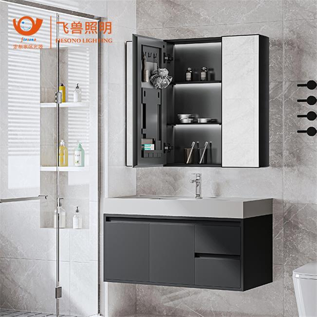 Armoire de salle de bain avec miroir écologique tout en aluminium Fiesono avec portes en verre antibuée et étagères réglables – Tailles personnalisées disponibles