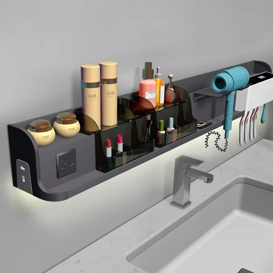 Grande étagère de rangement de toilettes familiales personnalisées de luxe, avec LED et boîte à dents, pour armoire de salle de bains