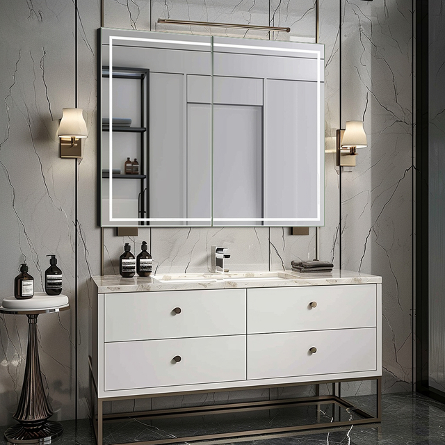 Armoires de salle de bain en aluminium sur mesure FIesono avec miroir et lumières