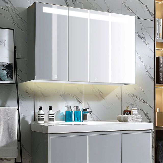 Fiesono Armoire à miroir murale autoportante à trois portes en aluminium avec miroir LED sur mesure – Rangement spacieux et sécurisé pour salle de bain