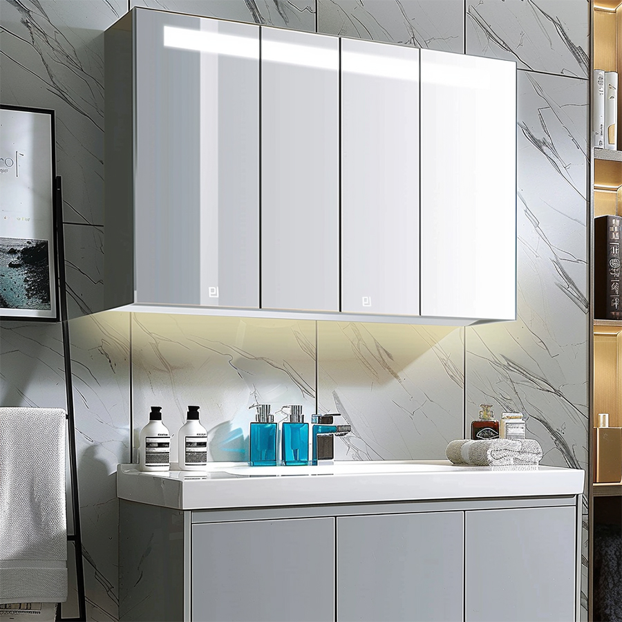 Armoires de salle de bain en aluminium simples, modernes et polyvalentes, éclairées sur mesure, Fiesono : porte simple, double ou triple