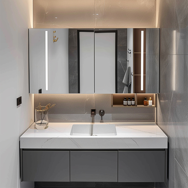 Fiesono moderne miroir en aluminium salle de bain vanité sur mesure LED salle de bain stockage armoire flottante