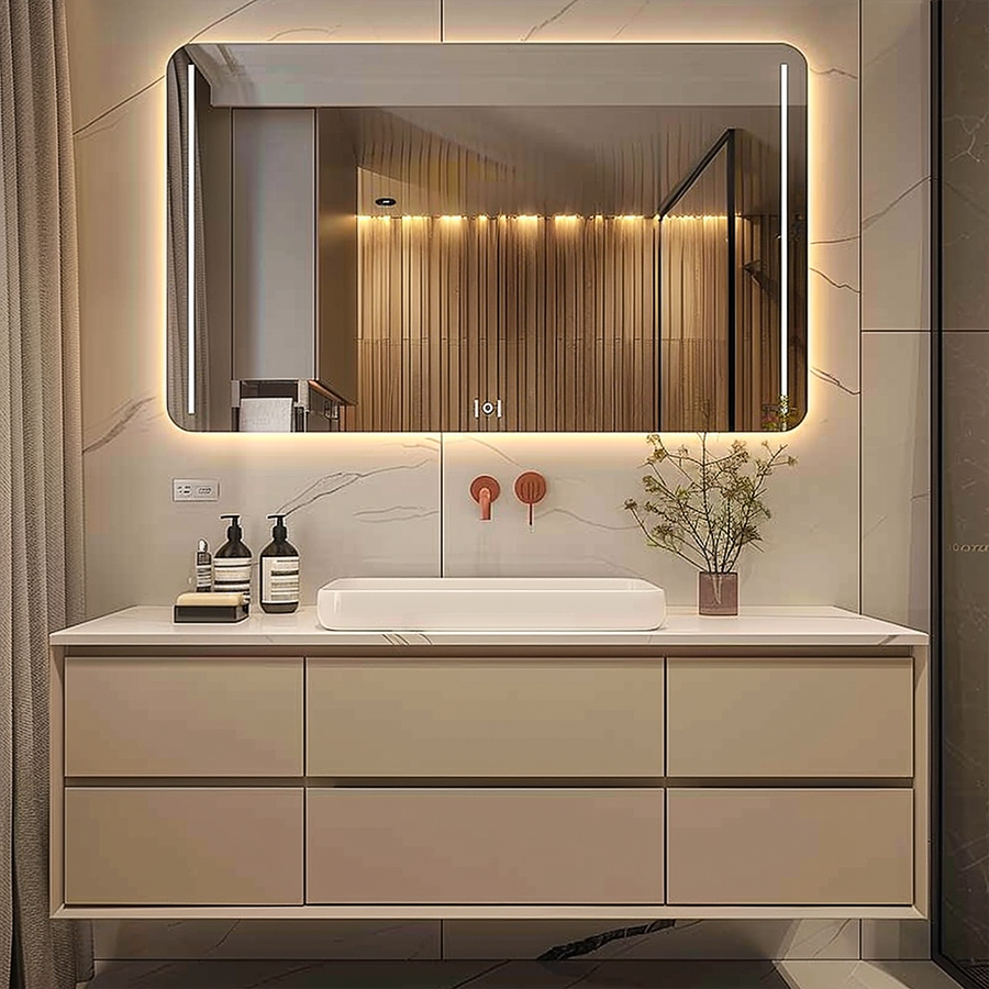 Miroir de salle de bain intelligent sans cadre personnalisé carré haute technologie Fiesono avec lumières réglables